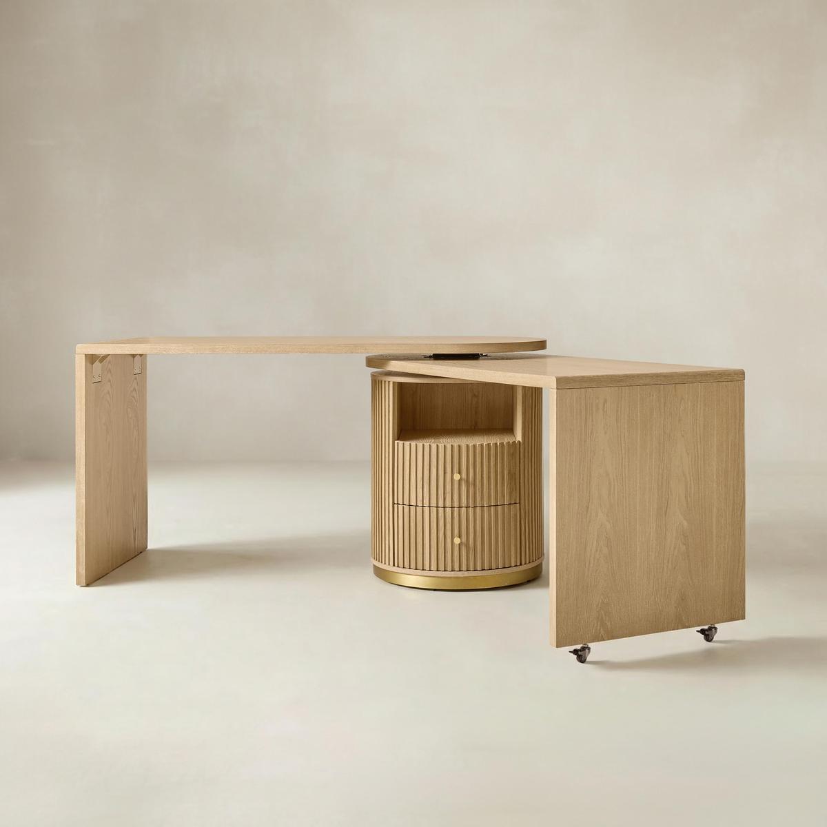 Modern Fluted L shaped 360 Rotating Wooden Office Desk | Hulala Home