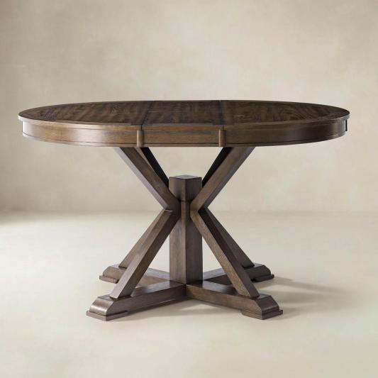 Gabriela Transitional Solid Wood Round Extension Dining Table with Hidden Leaf