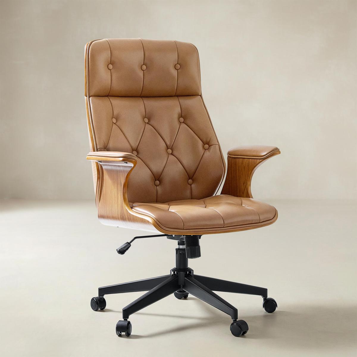 Brigida Curved Wood Back Genuine Leather Office Chair-HULALA HOME