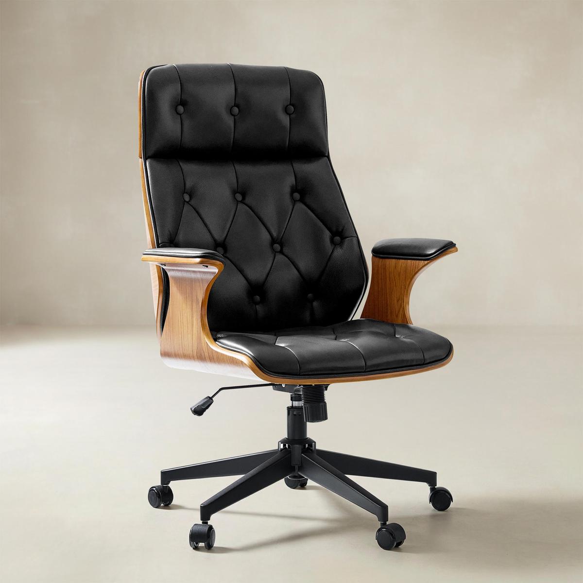 Brigida Curved Wood Back Genuine Leather Office Chair-HULALA HOME