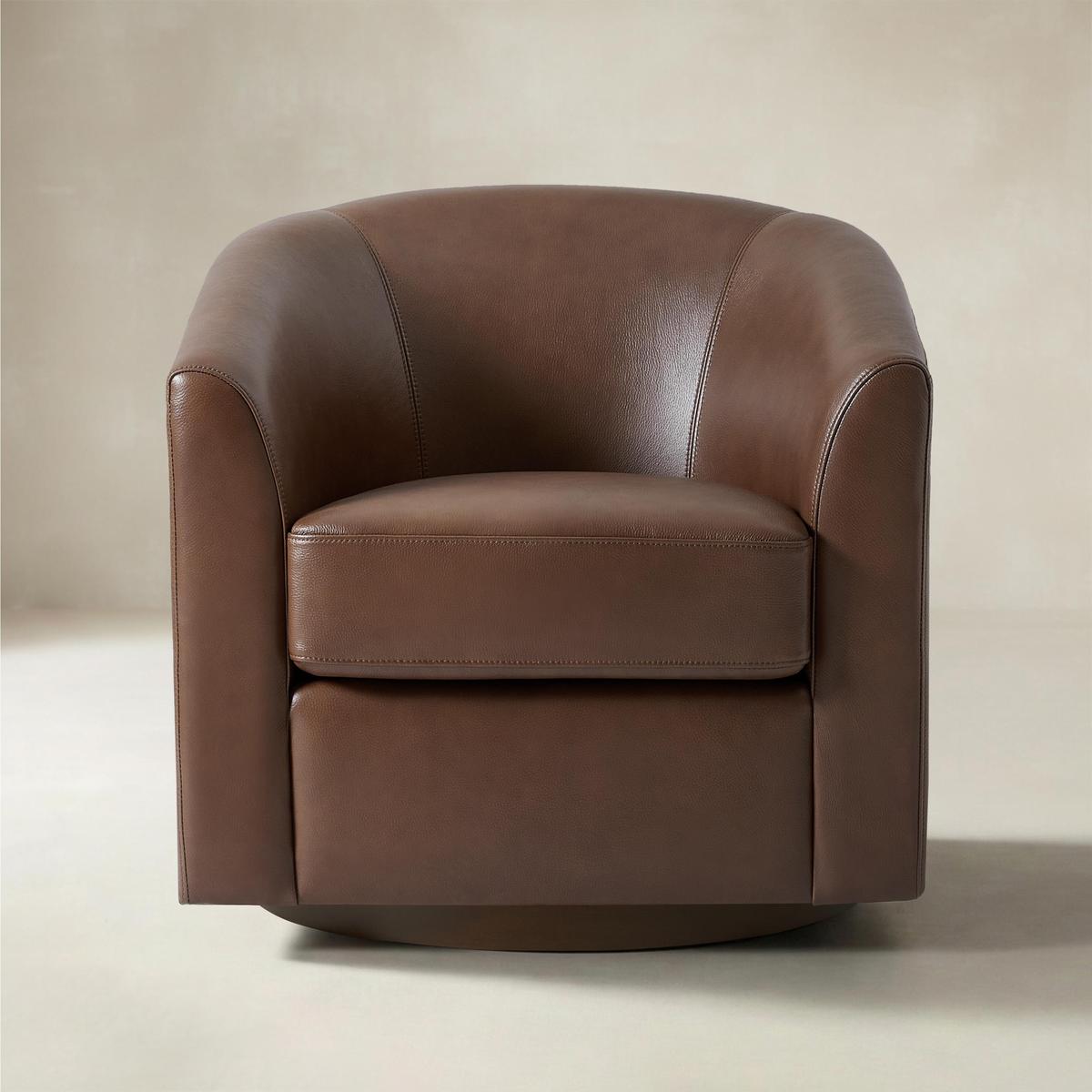 Cathy Geniun Leather Modern Swivel Barrel Chair With Solid Wood Base