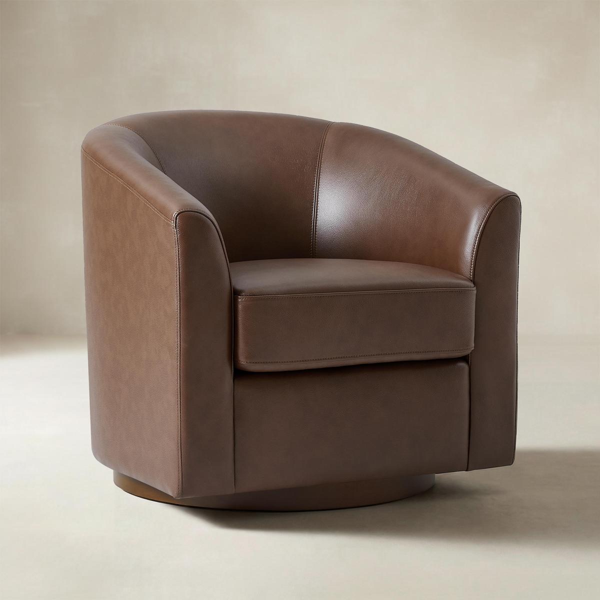 Cathy Geniun Leather Modern Swivel Barrel Chair With Solid Wood Base