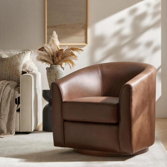 Cathy Geniun Leather Modern Swivel Barrel Chair With Solid Wood Base
