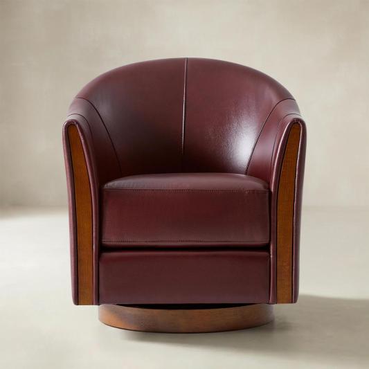 Clara Genuine Leather Swivel Barrel Chair With Solid Wood Base