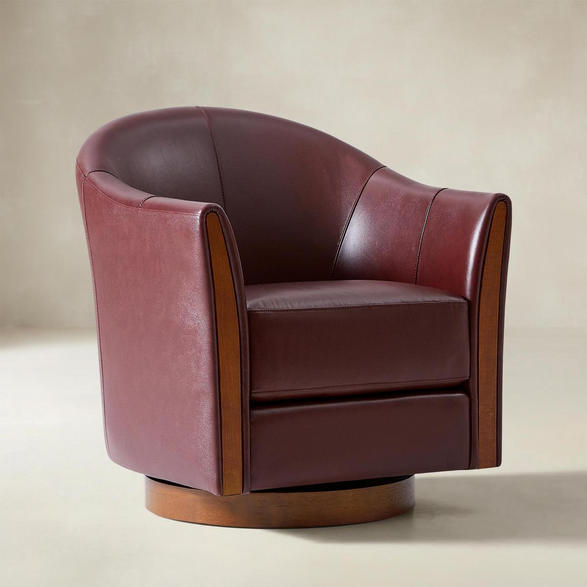 Clara Genuine Leather Swivel Barrel Chair With Solid Wood Base