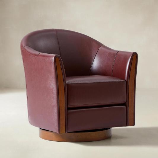Clara Genuine Leather Swivel Barrel Chair With Solid Wood Base