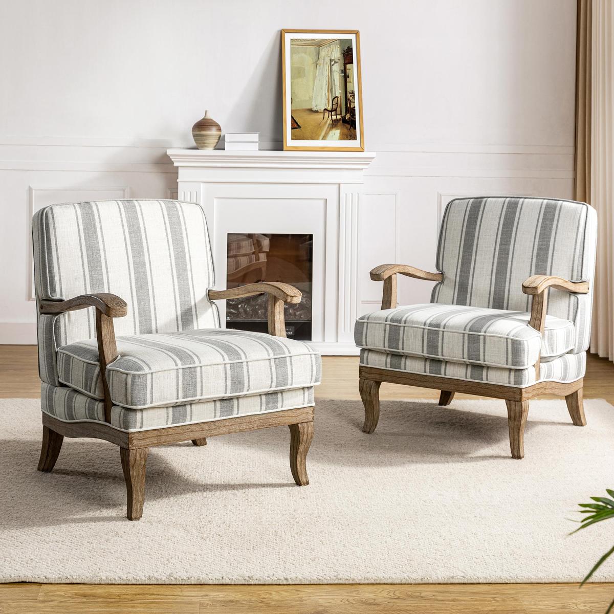 Randolph Romantic Upholstered Stripes Armchair with Solid Wood Armrests