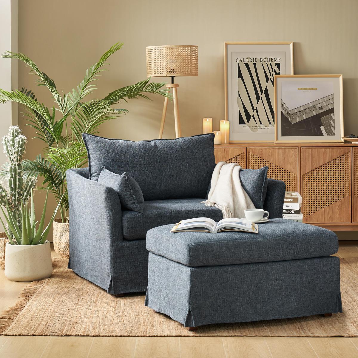 Miles Slipcovered Armchair with Large Ottoman