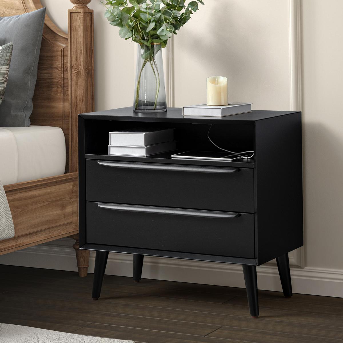【美品】usuha-tavlle ブッテーロ　ブラック　左利き用 Lilian 2 - Drawer Mid Century End Table with Built-in Outlets