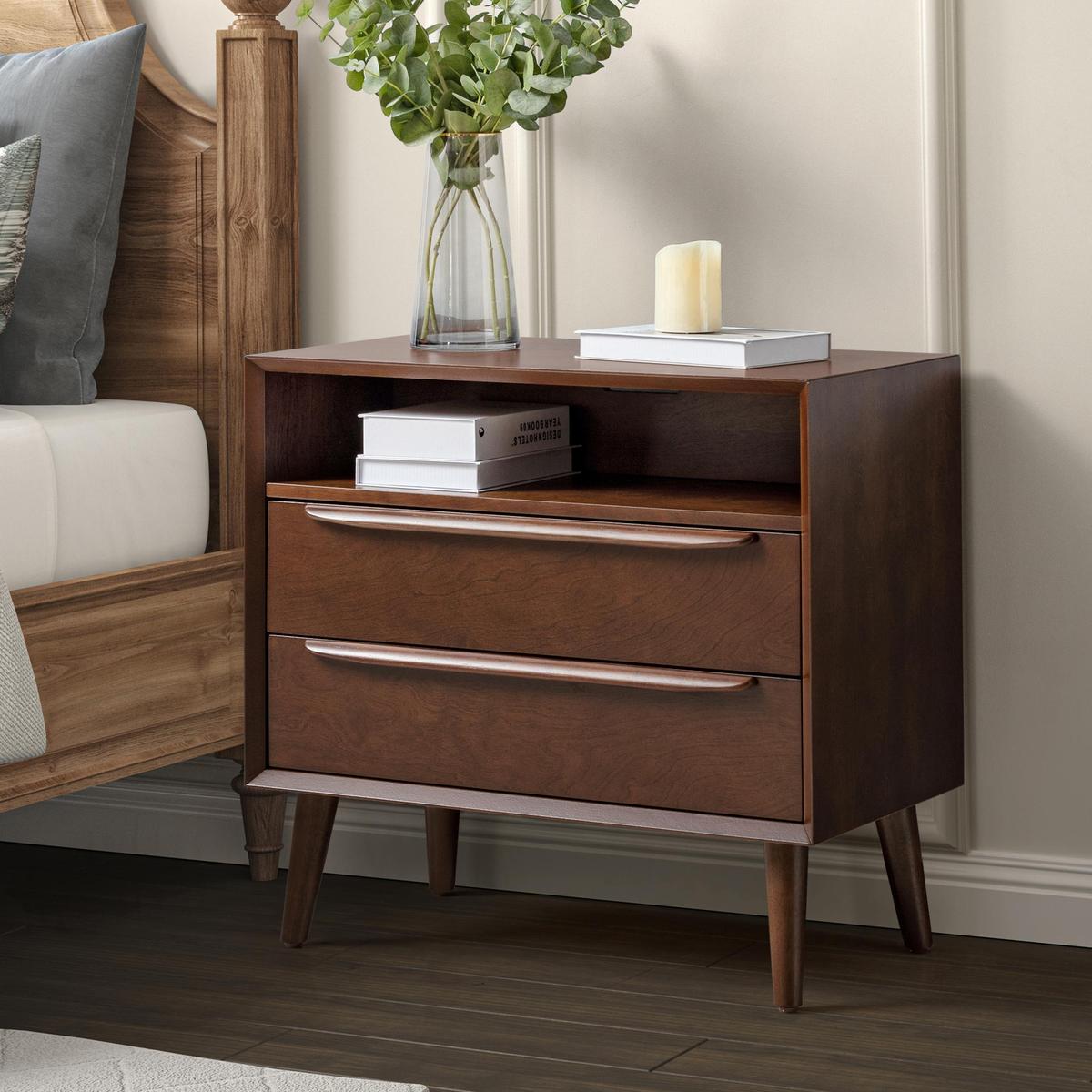 Lilian 2 - Drawer Mid Century End Table with Built-in Outlets