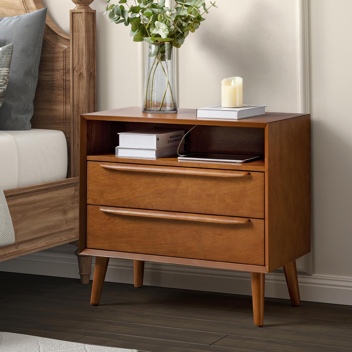 Lilian 2 - Drawer Mid Century End Table with Built-in Outlets(Optional Types)