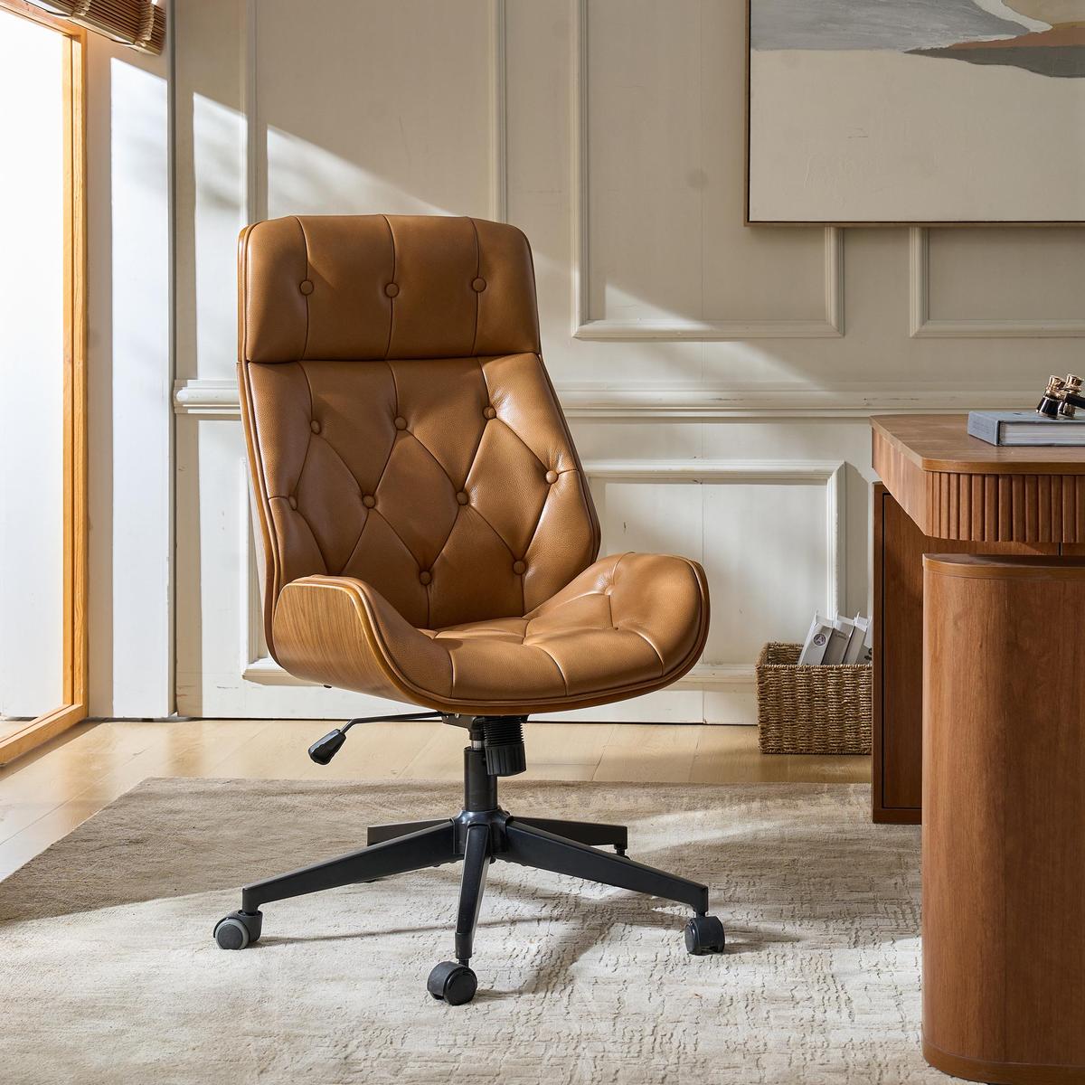 Linzy Adjustable Swivel Chair with Bentwood & Leather-HULALA HOME