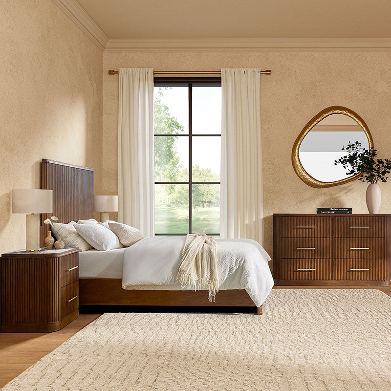 Walnut bedroom set with fluted bed, modern and nightstands in minimalist space，side view