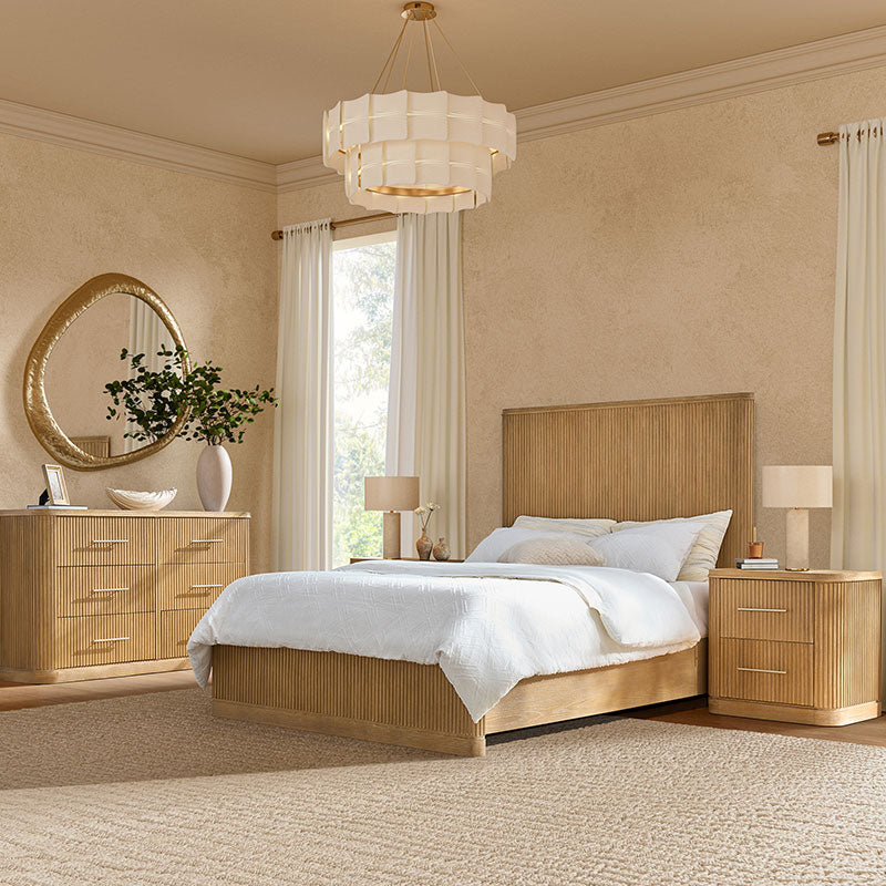 natural bedroom set with fluted bed, modern and nightstands in minimalist space