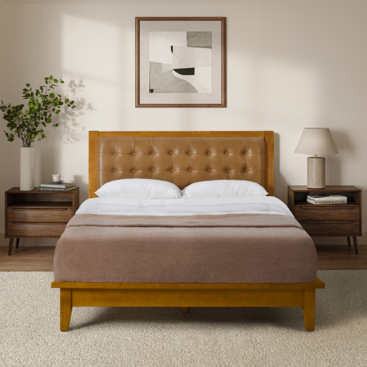 Herme Genuine Leather Solid Wood Platform Bed with Charging Ports