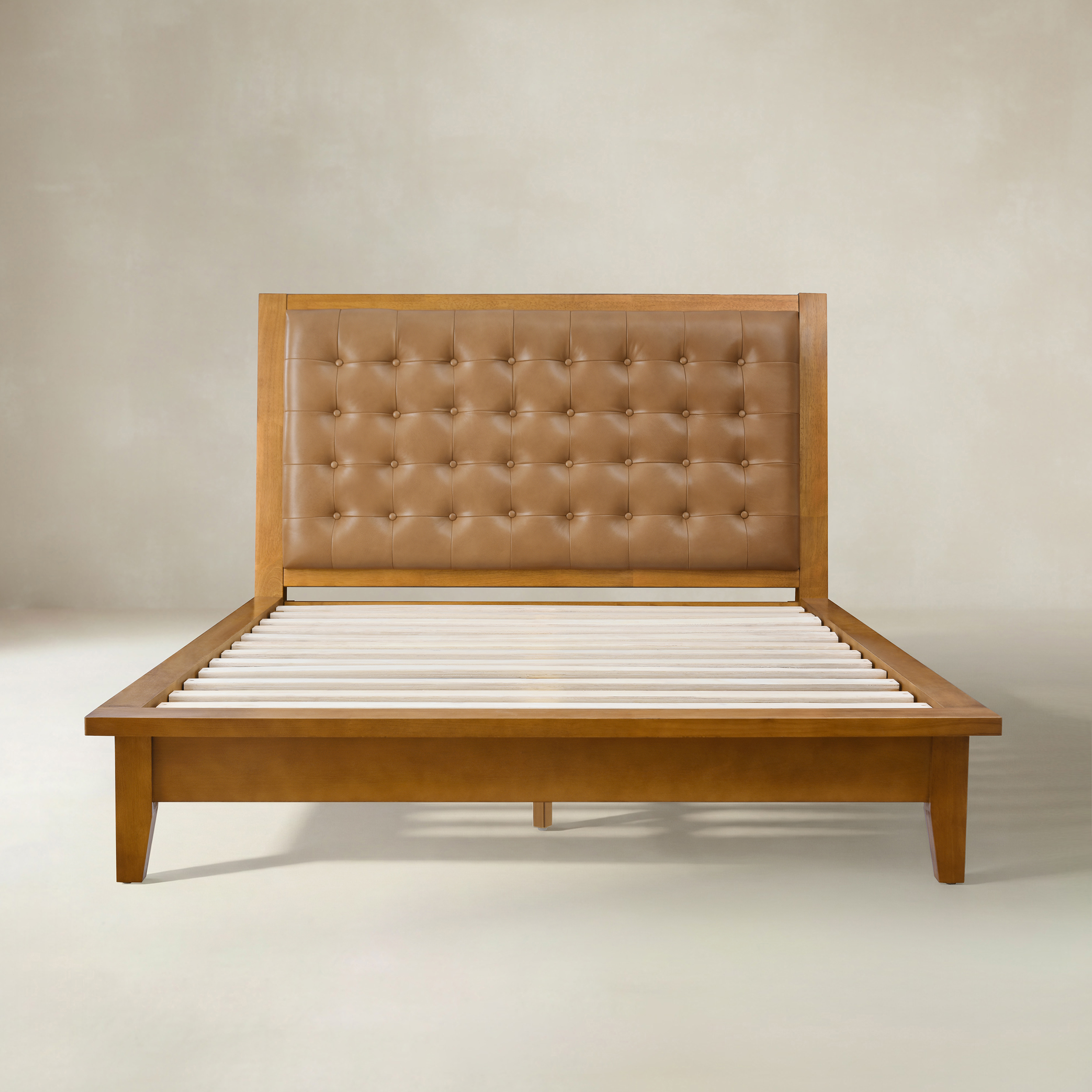 Herme Genuine Leather Solid Wood Platform Bed with Charging Ports