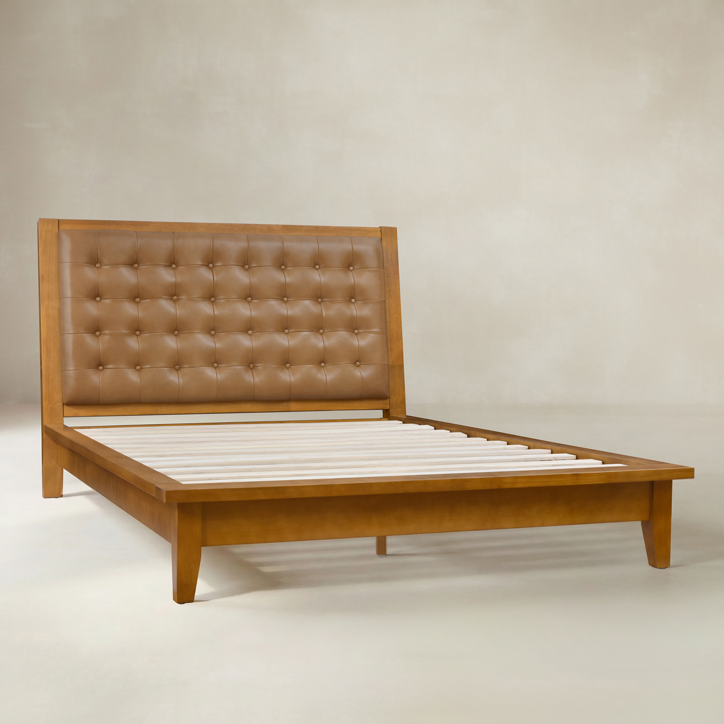 Herme Genuine Leather Solid Wood Platform Bed with Charging Ports