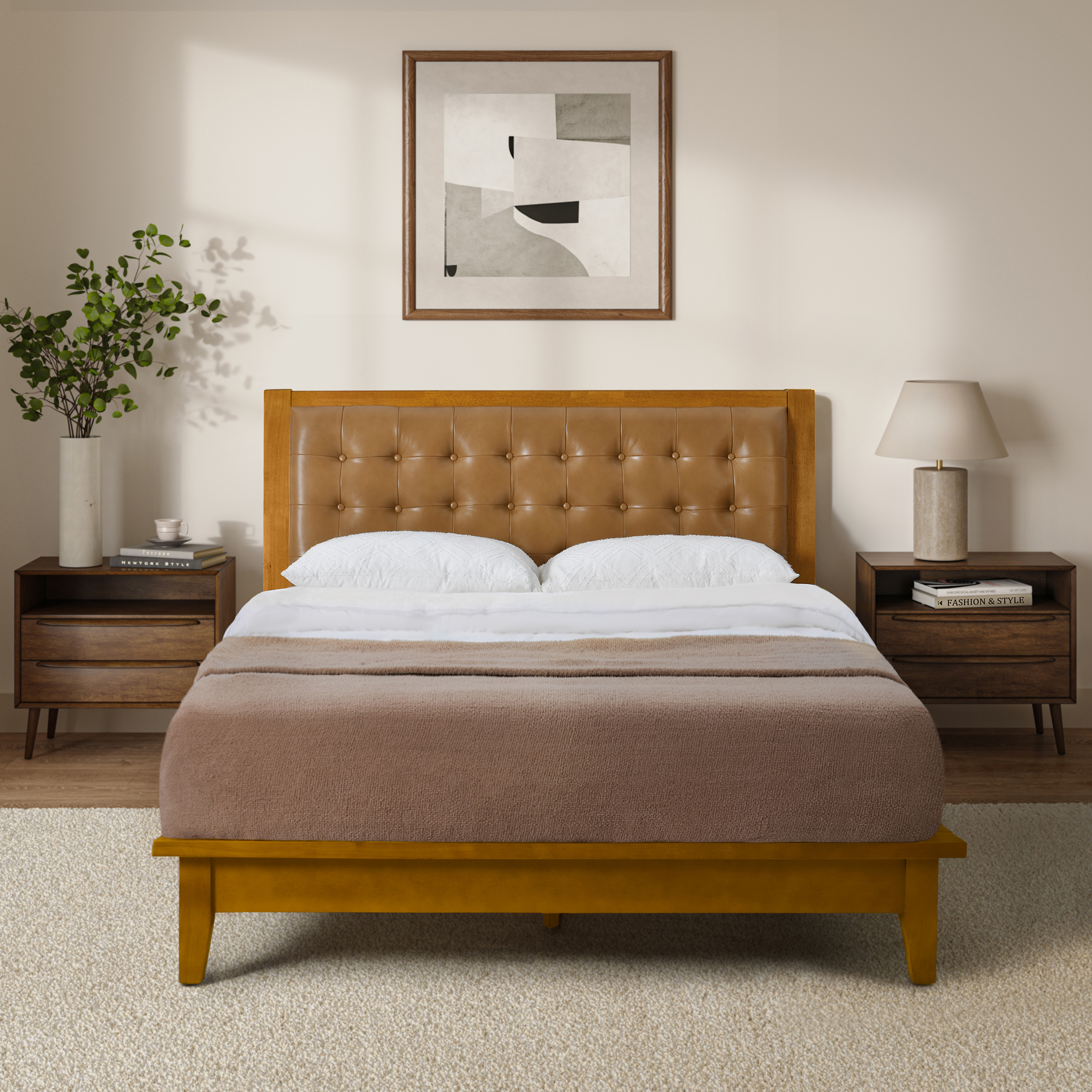 Herme Genuine Leather Solid Wood Platform Bed with Charging Ports