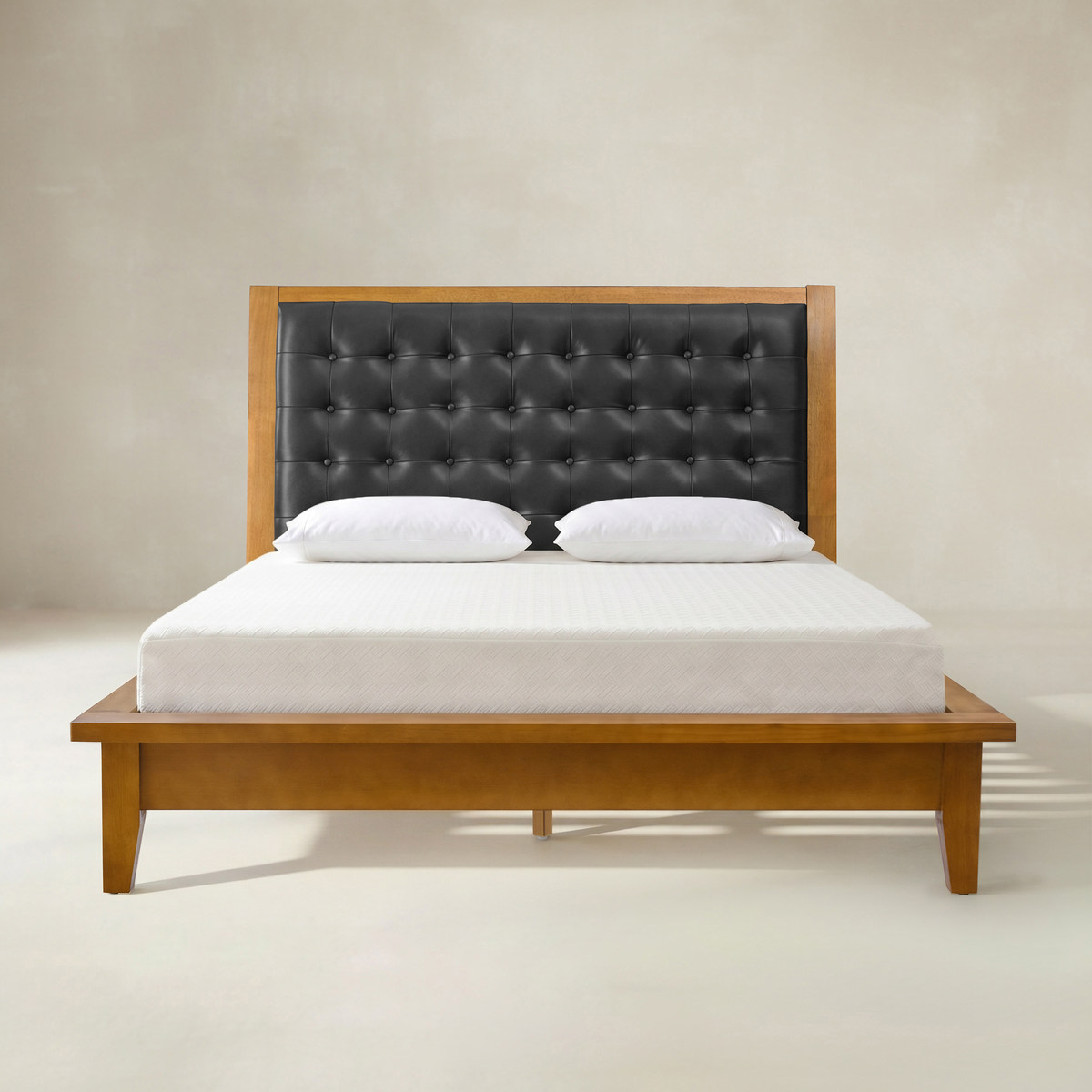 Herme Genuine Leather Solid Wood Platform Bed with Charging Ports