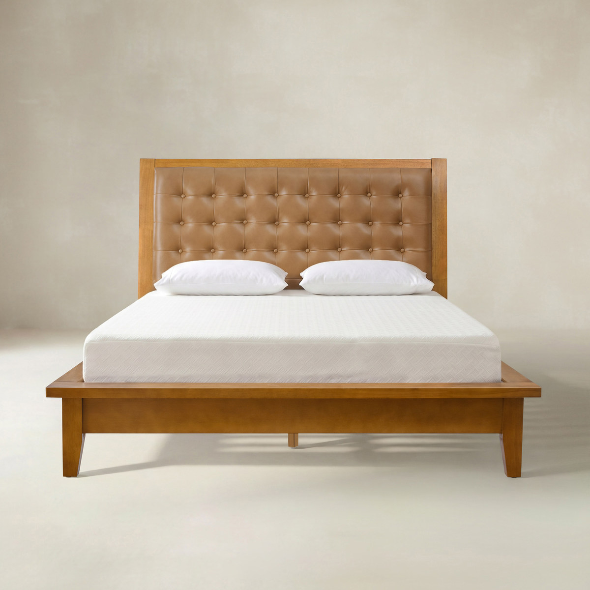 Herme Genuine Leather Solid Wood Platform Bed with Charging Ports
