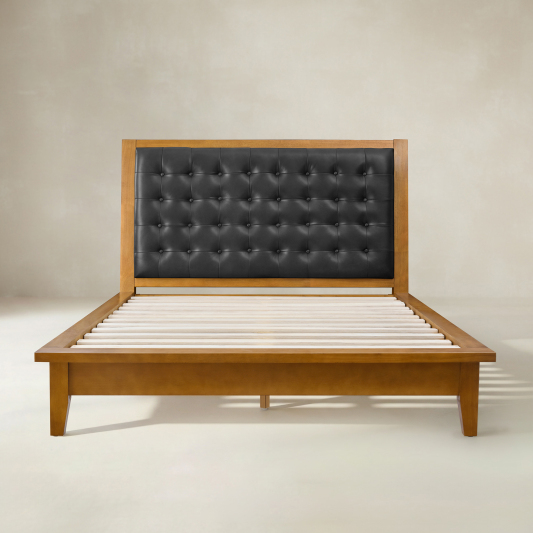 Herme Genuine Leather Solid Wood Platform Bed with Charging Ports