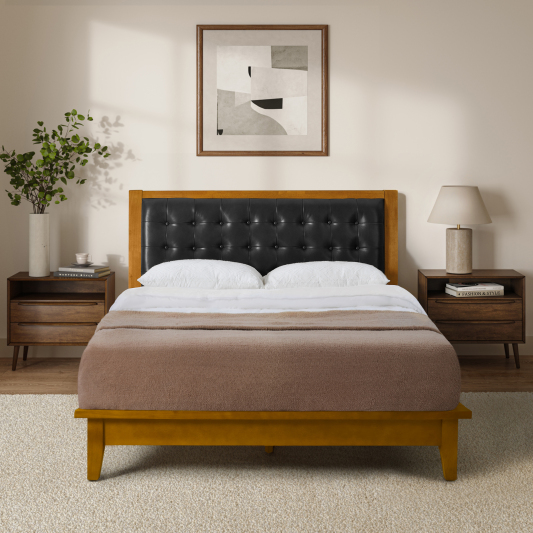 Herme Genuine Leather Solid Wood Platform Bed with Charging Ports