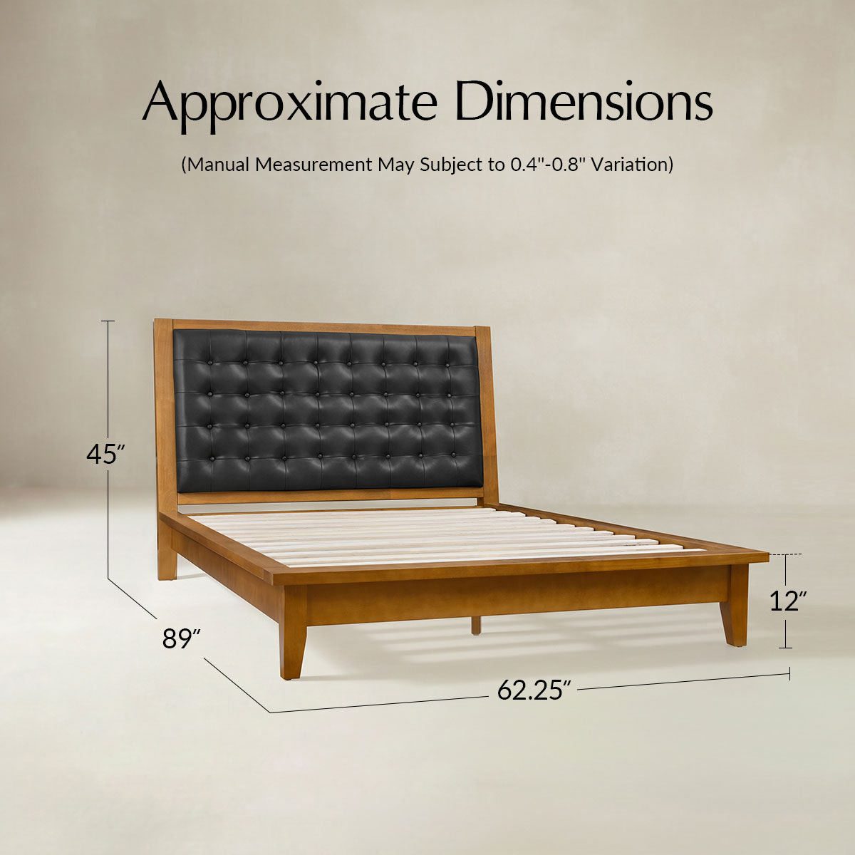 Herme Genuine Leather Solid Wood Platform Bed with Charging Ports