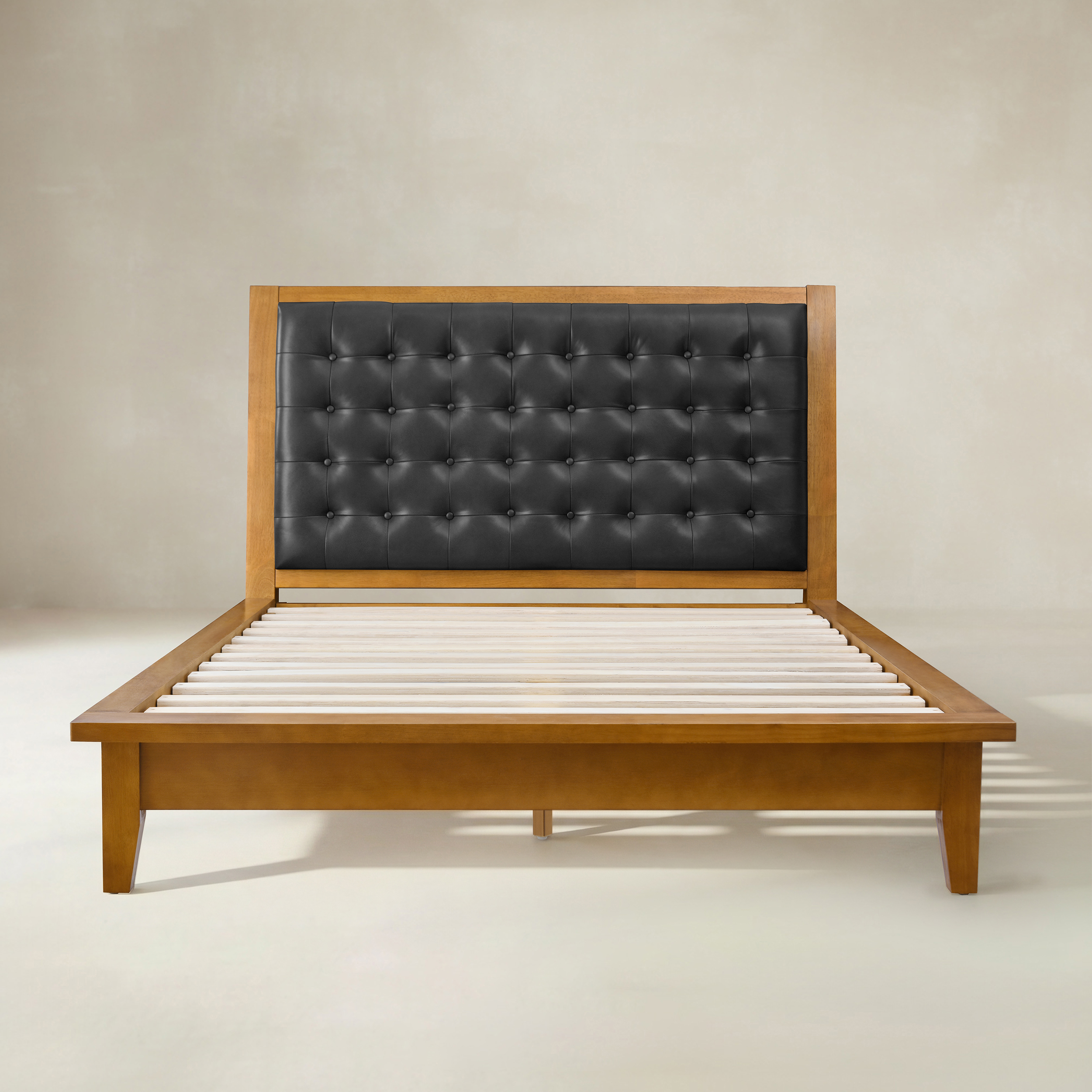 Herme Genuine Leather Solid Wood Platform Bed with Charging Ports