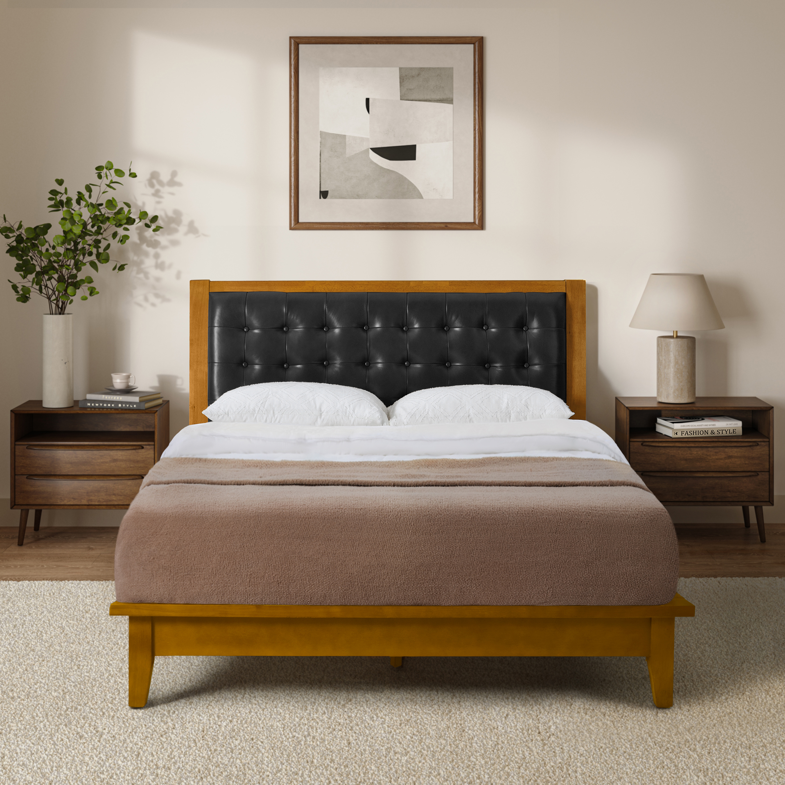 Herme Genuine Leather Solid Wood Platform Bed with Charging Ports