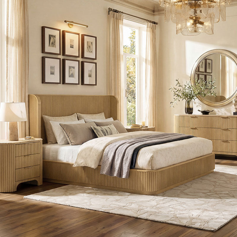 Arcua Modern Fluted Wingback Bed with OAK Trim - HULALA HOME