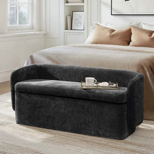 Modern Chenille Storage Bench with Wraparound Backres
