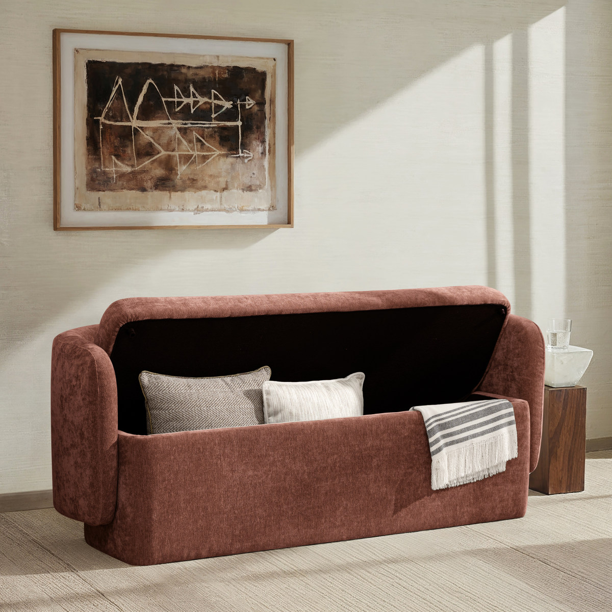 Modern Chenille Storage Bench with Wraparound Backres