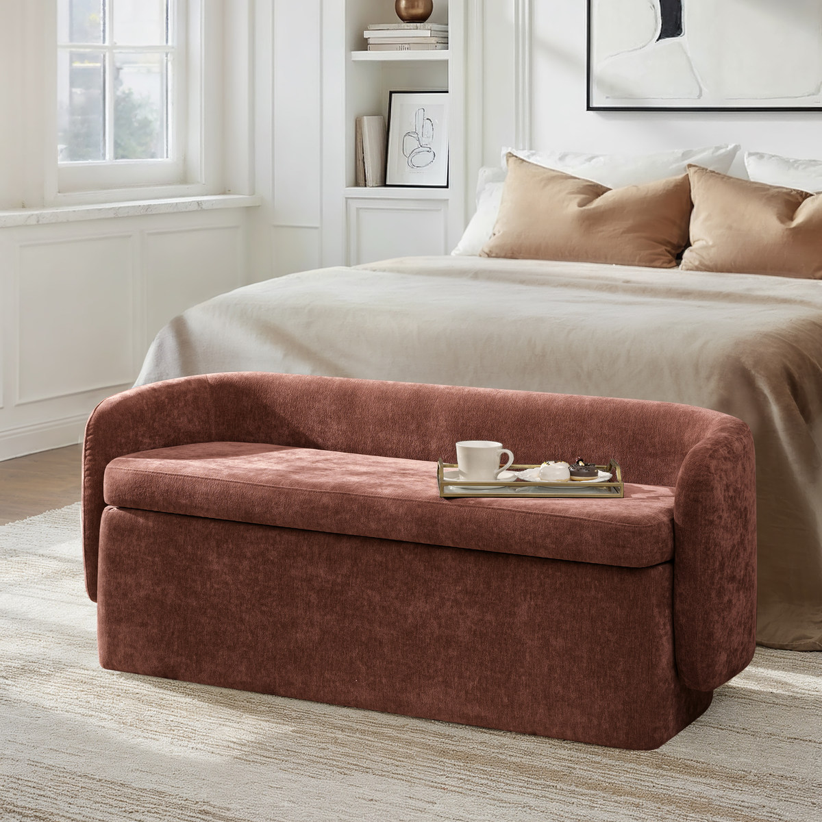 Modern Chenille Storage Bench with Wraparound Backres
