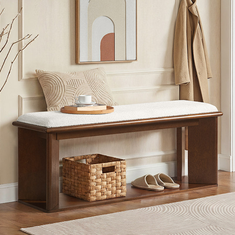 Mid-Century Modern Wood Bench with Open Shoe Storage Shelf