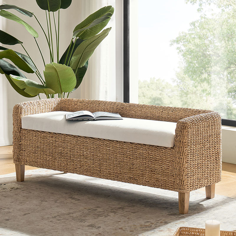 Rattan Bench with Storage and Cream Cushion - HULALA HOME