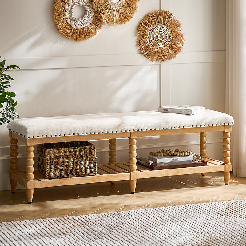 Felipa Farmhouse Rustic Wood Bench with Upholstered Seat and Storage Shelf - HULALA HOME