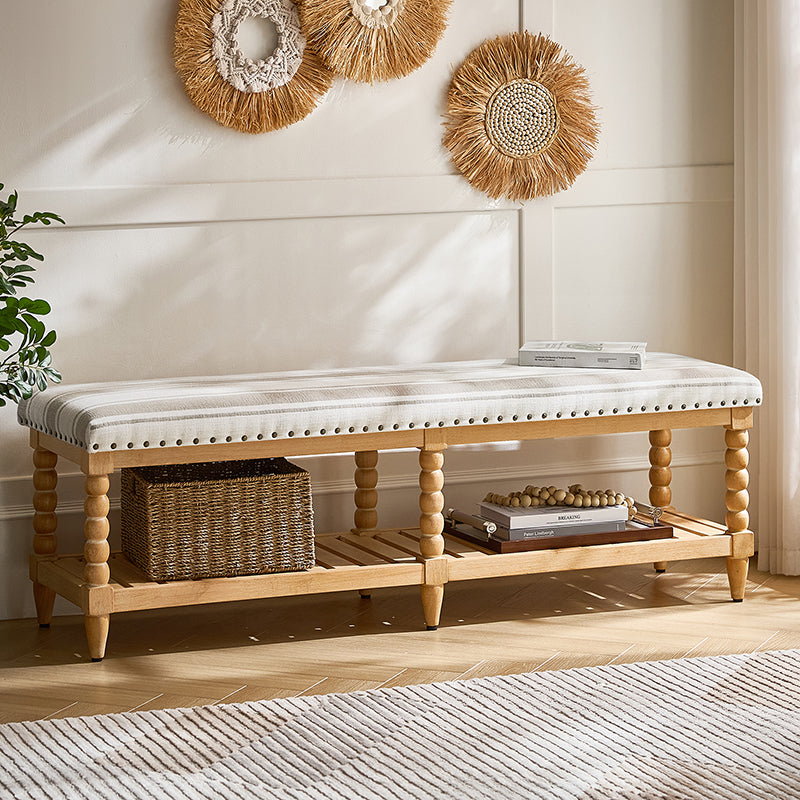 Felipa Farmhouse Rustic Wood Bench with Upholstered Seat and Storage Shelf