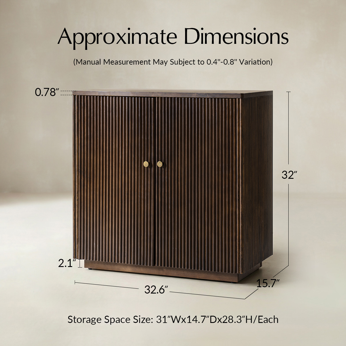 Modern Fluted Solid Wood 32" Tall 2 Door Accent Cabinet with Cable Management & Adjustable Shelf