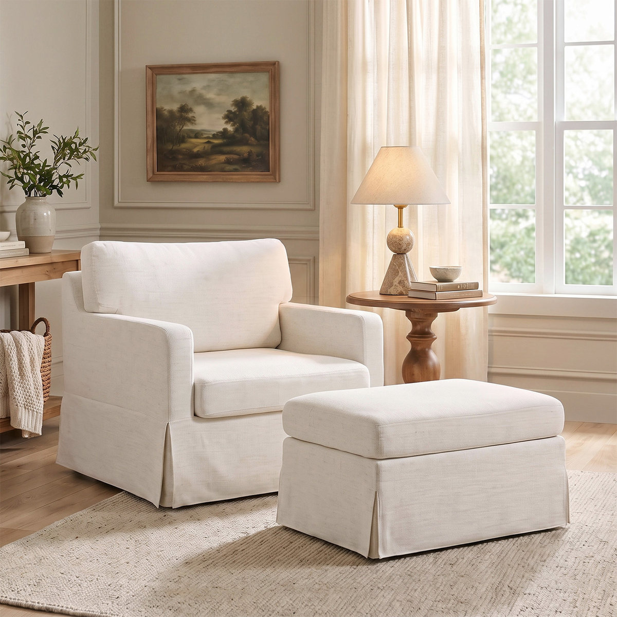 Honorio Slipcovered Armchair with Ottoman