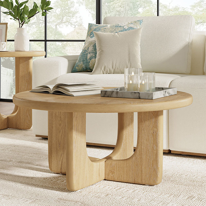 Gala Modern Round Coffee Table with Oak Veneer Top & Wood Legs - HULALA HOME