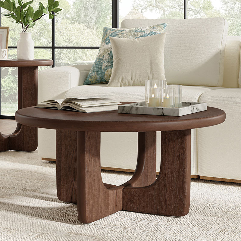Gala Modern Round Coffee Table with Oak Veneer Top & Wood Legs
