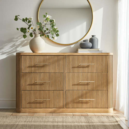 Verral Modern Solid Wood Fluted Dresser with 6 Drawers &amp; Oak Texture