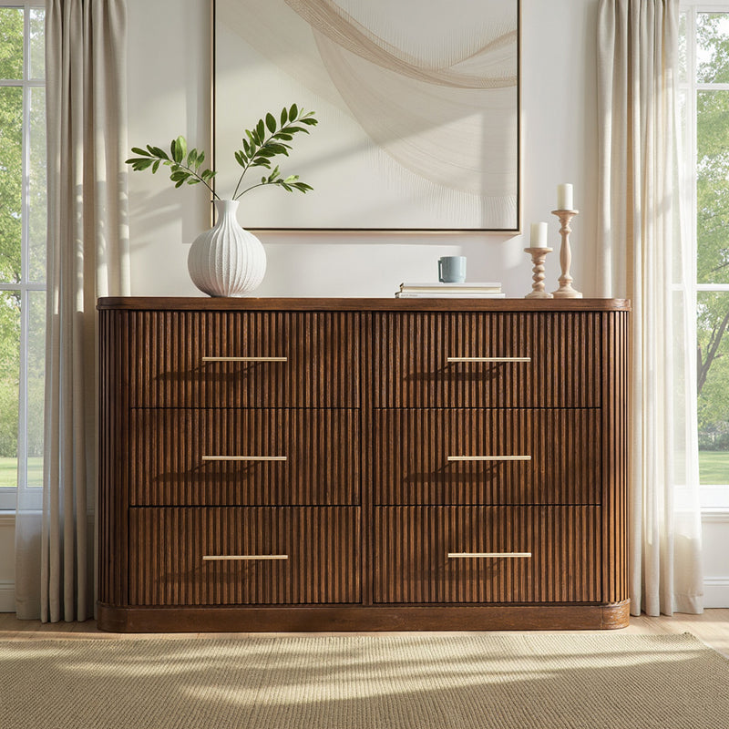 Verral Modern Solid Wood Fluted Dresser with 6 Drawers & Oak Texture
