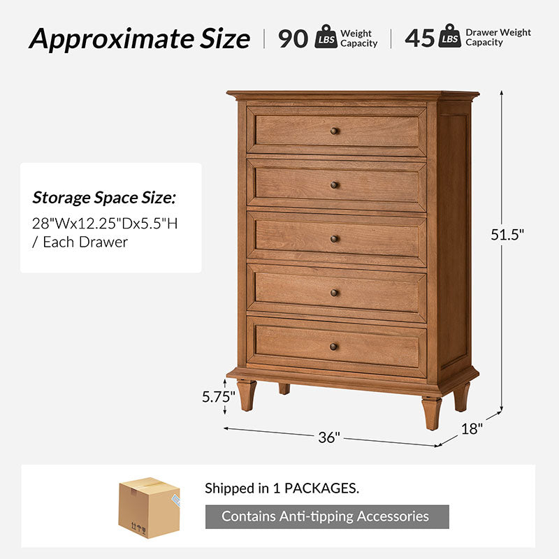 Mornay Transitional Solid Wood 5-Drawer Dresser