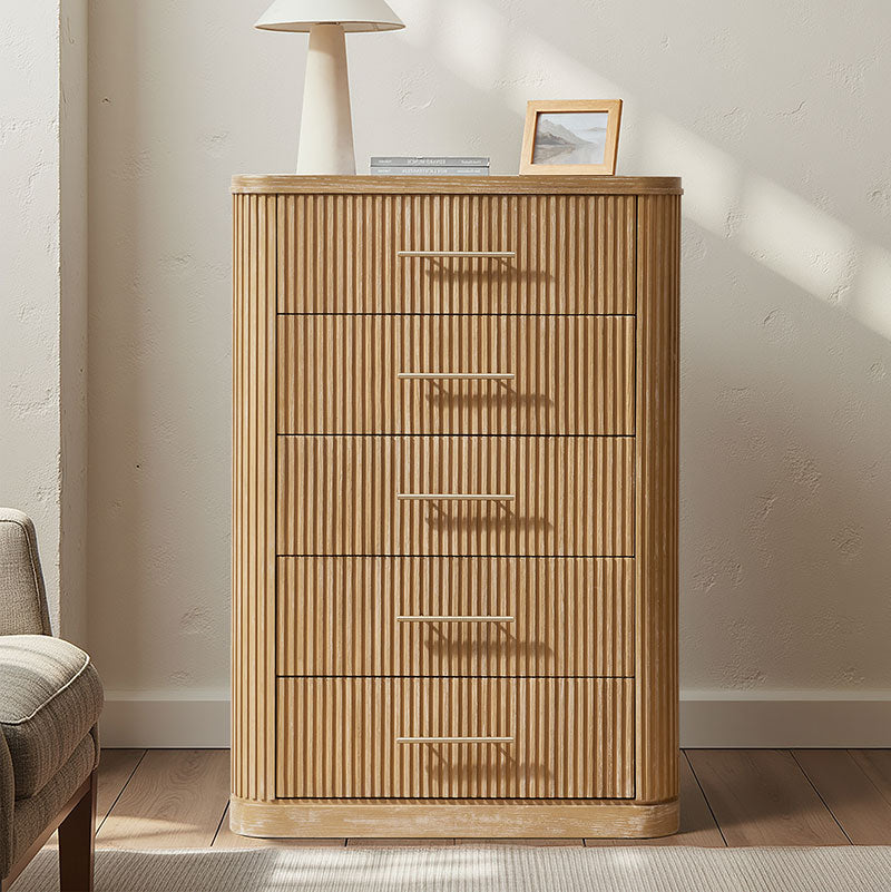 Verral Modern Solid Wood Fluted Chest with 5 Drawers & Oak Texture - HULALA HOME