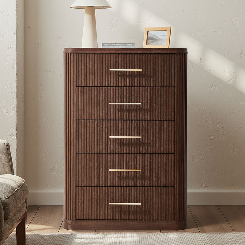 Verral Modern Solid Wood Fluted Chest with 5 Drawers & Oak Texture