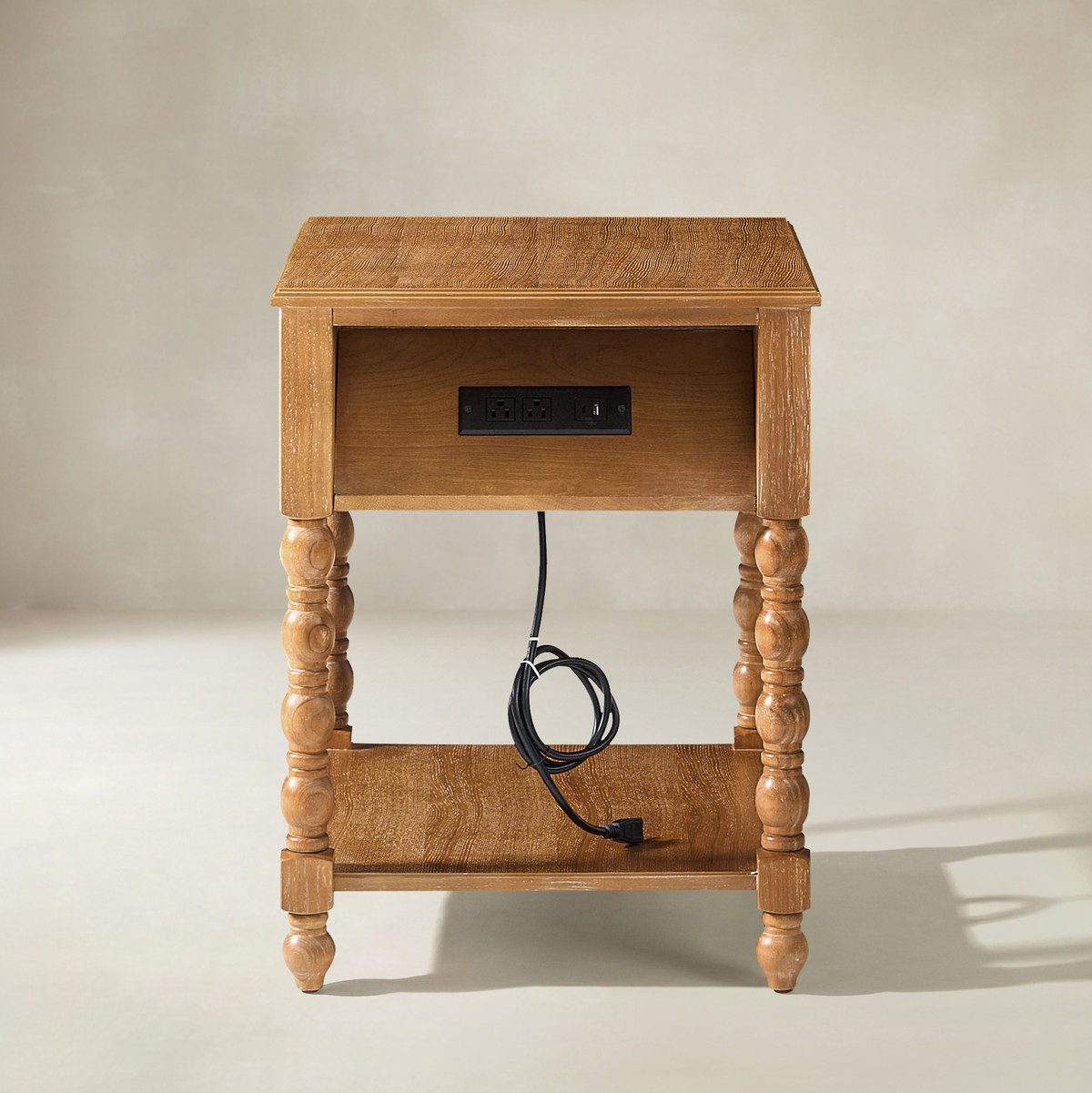 Ira 26" Tall Farmhouse Solid Wood End Table with Built-in Charging Outlets(Optional Types)