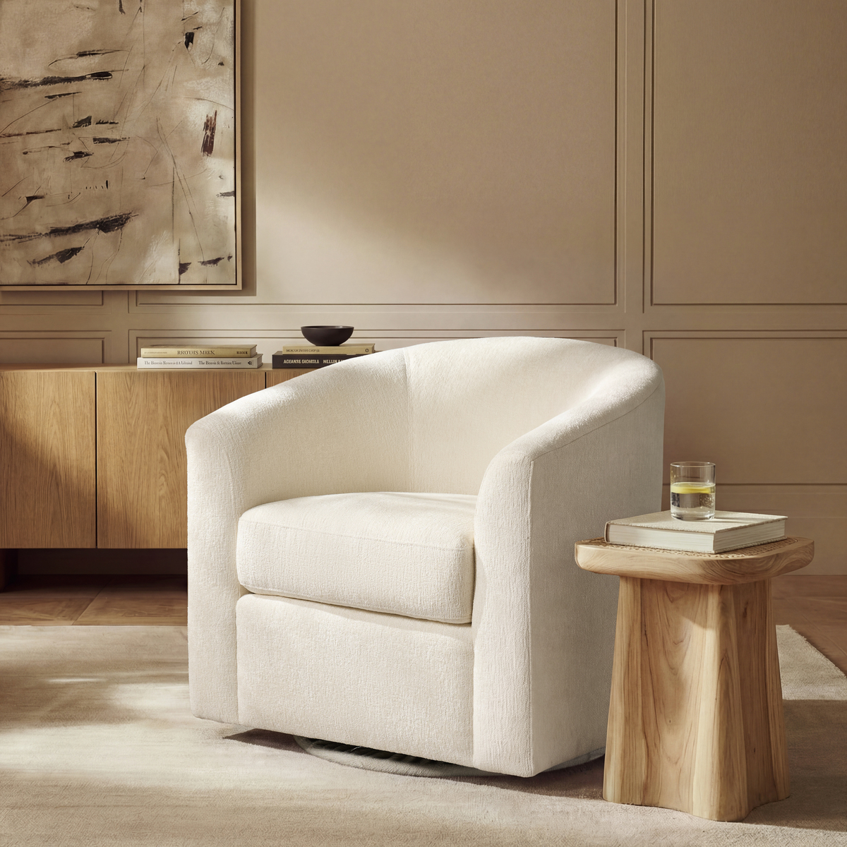 Pablo Modern Swivel Barrel Chair with Upholstered Fabric & Metal Base