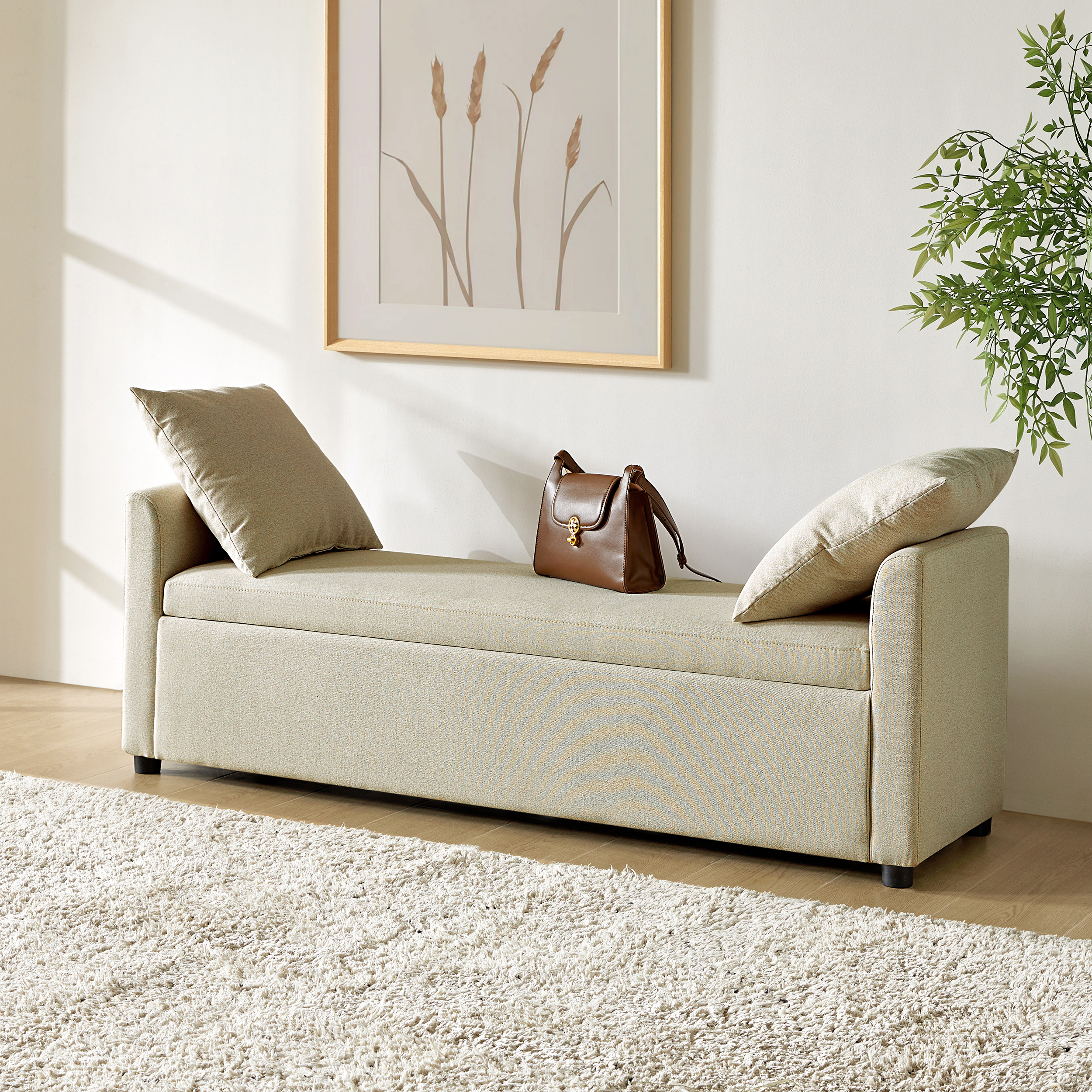 Benito 59.4" Wide End of Bed Storage Couch Bench with Two Throw Pillows