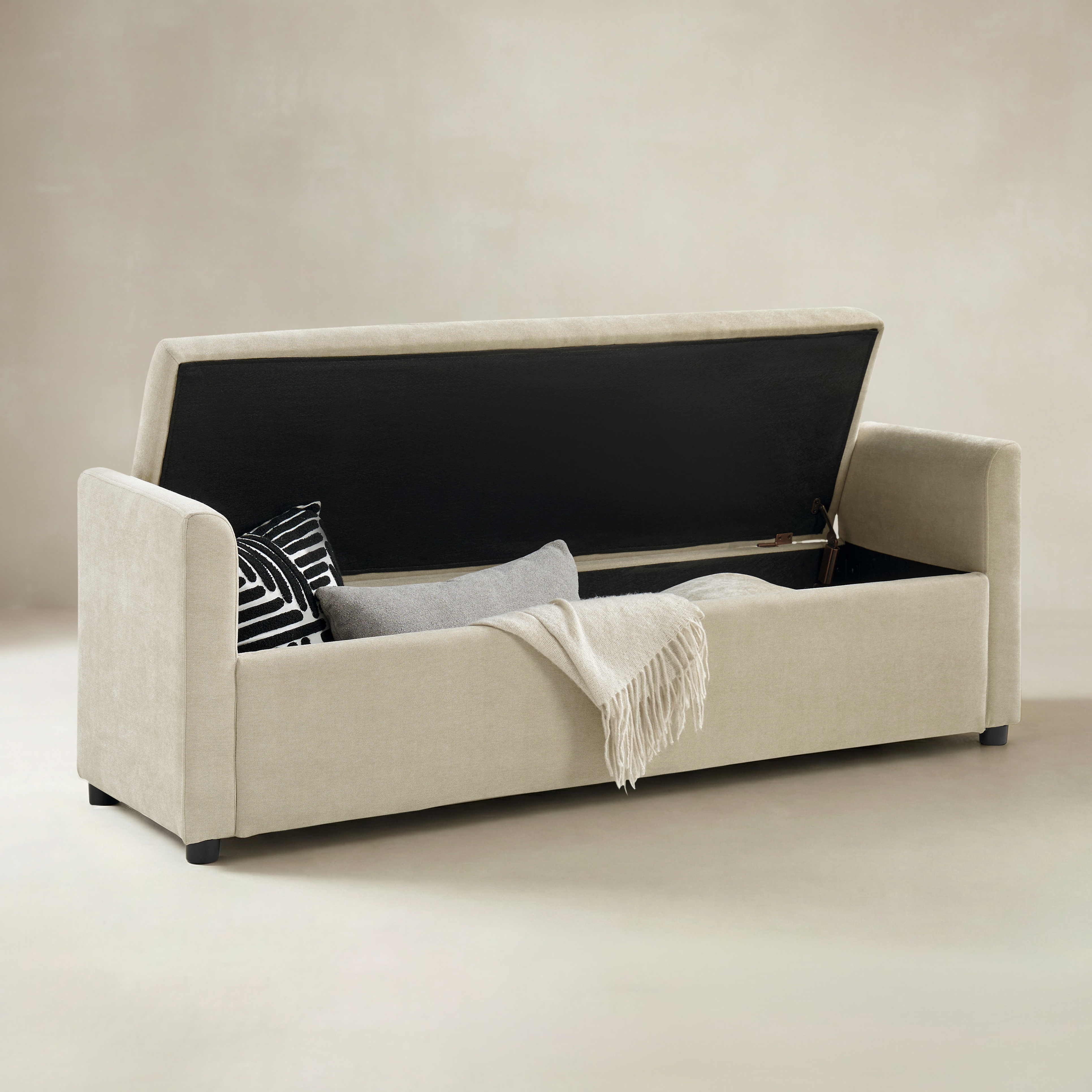Benito 59.4" Wide End of Bed Storage Couch Bench with Two Throw Pillows